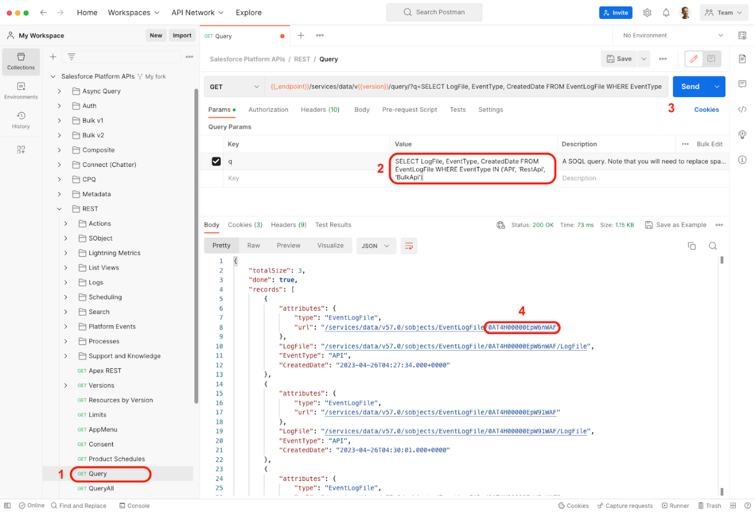 Postman screenshot showing the API request that retrieves the list of logs