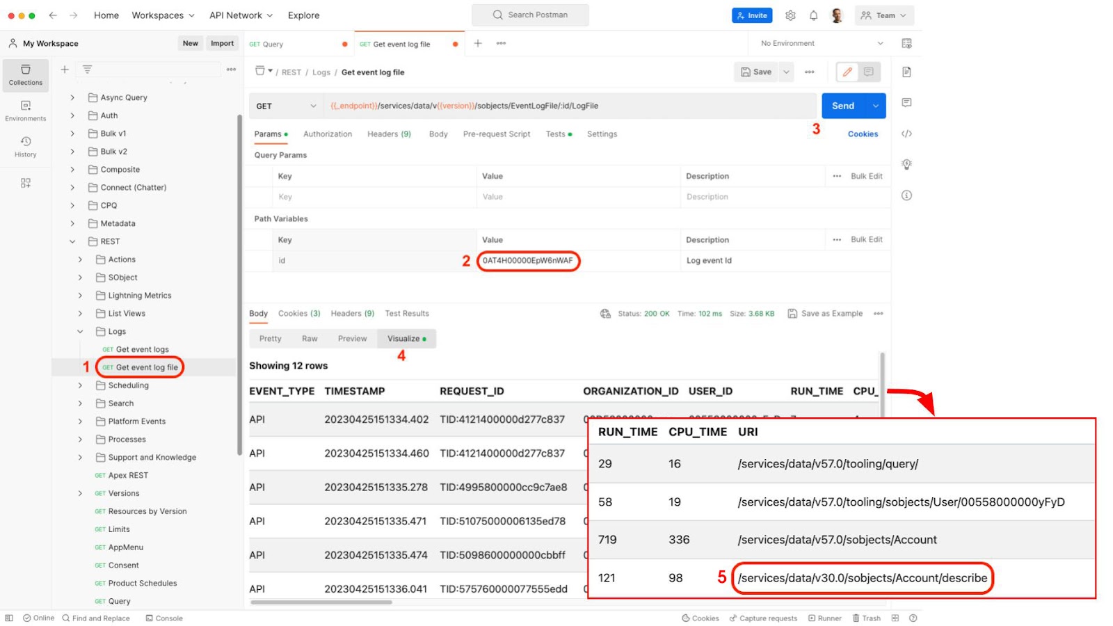 Postman screenshot showing the API request that retrieves the content of a log file