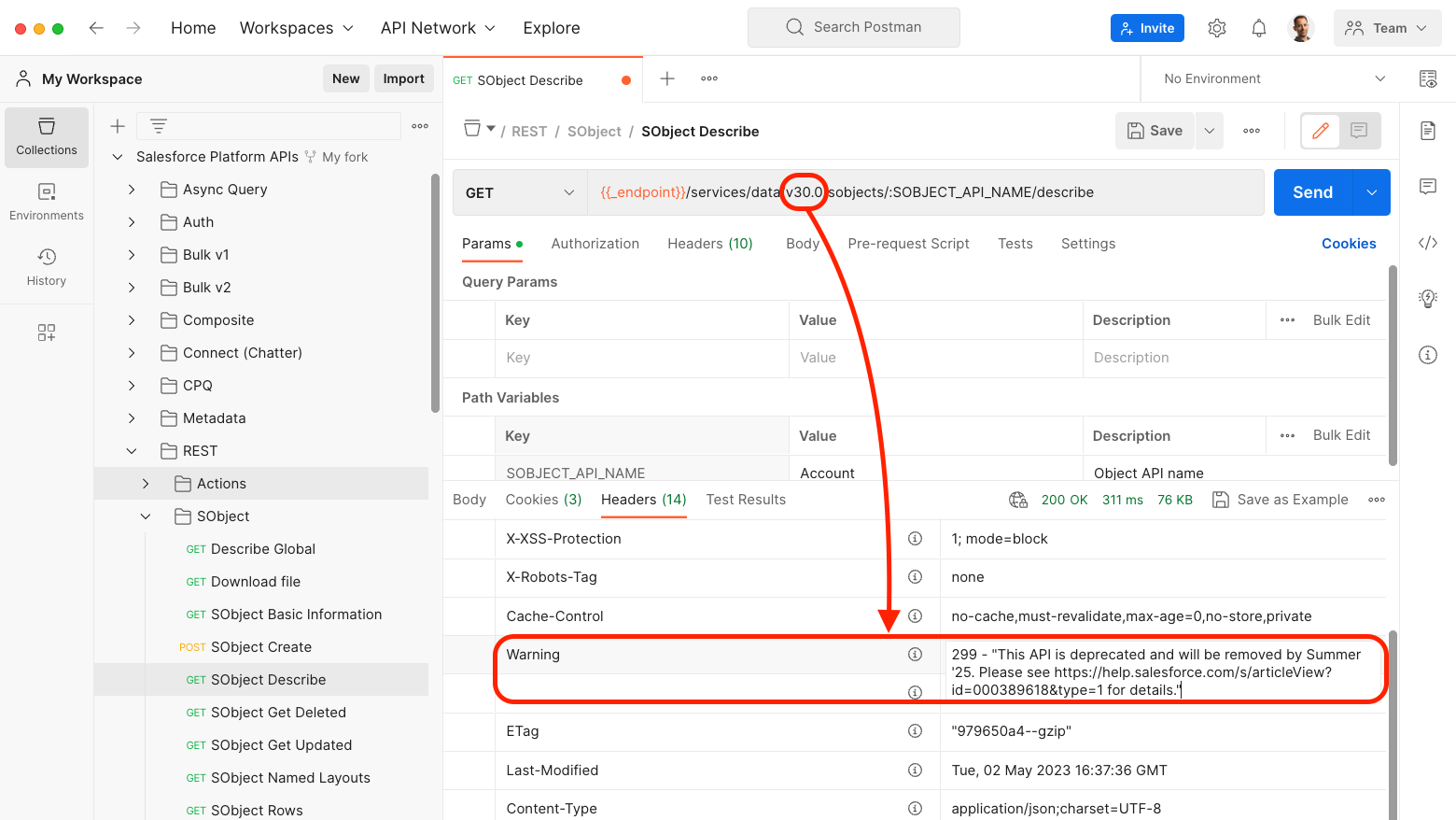 Postman screenshot showing the Warning response header