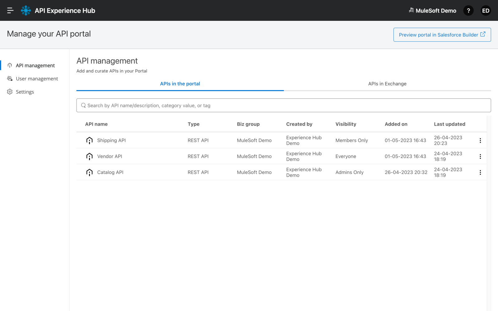 Anypoint API Experience Hub management page to add APIs to the portal