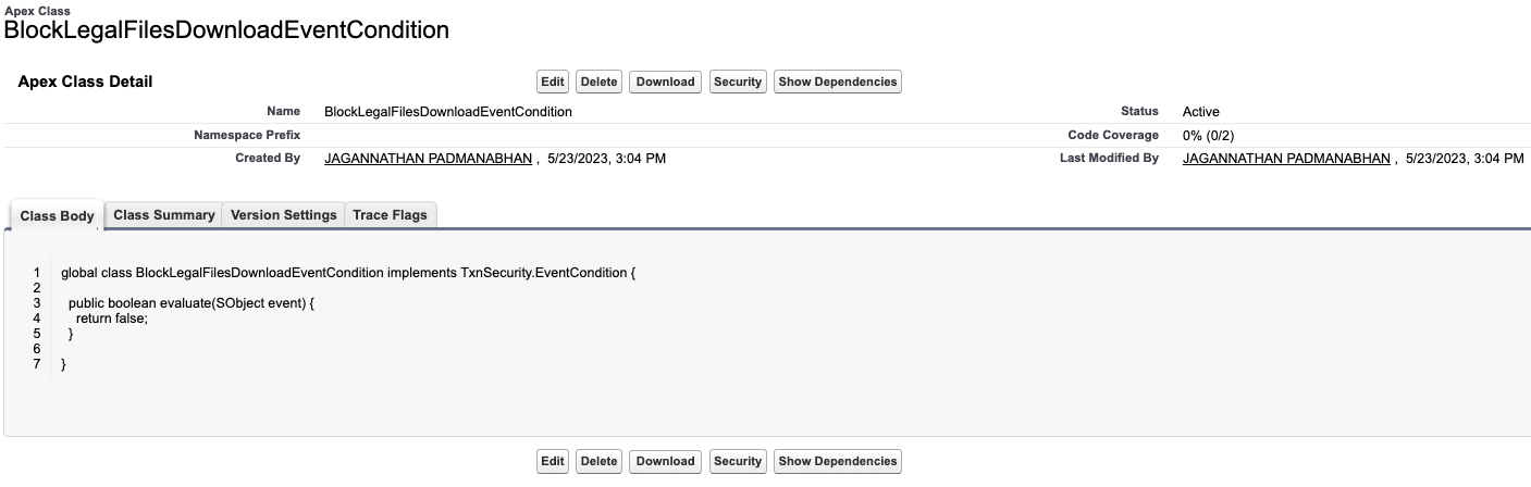 Step 4 - Navigate to the BlockLegalFilesDownloadEventCondition class created by the system