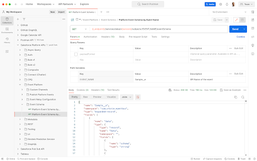 Screenshot of Postman with a request that retrieves the schema of a platform event