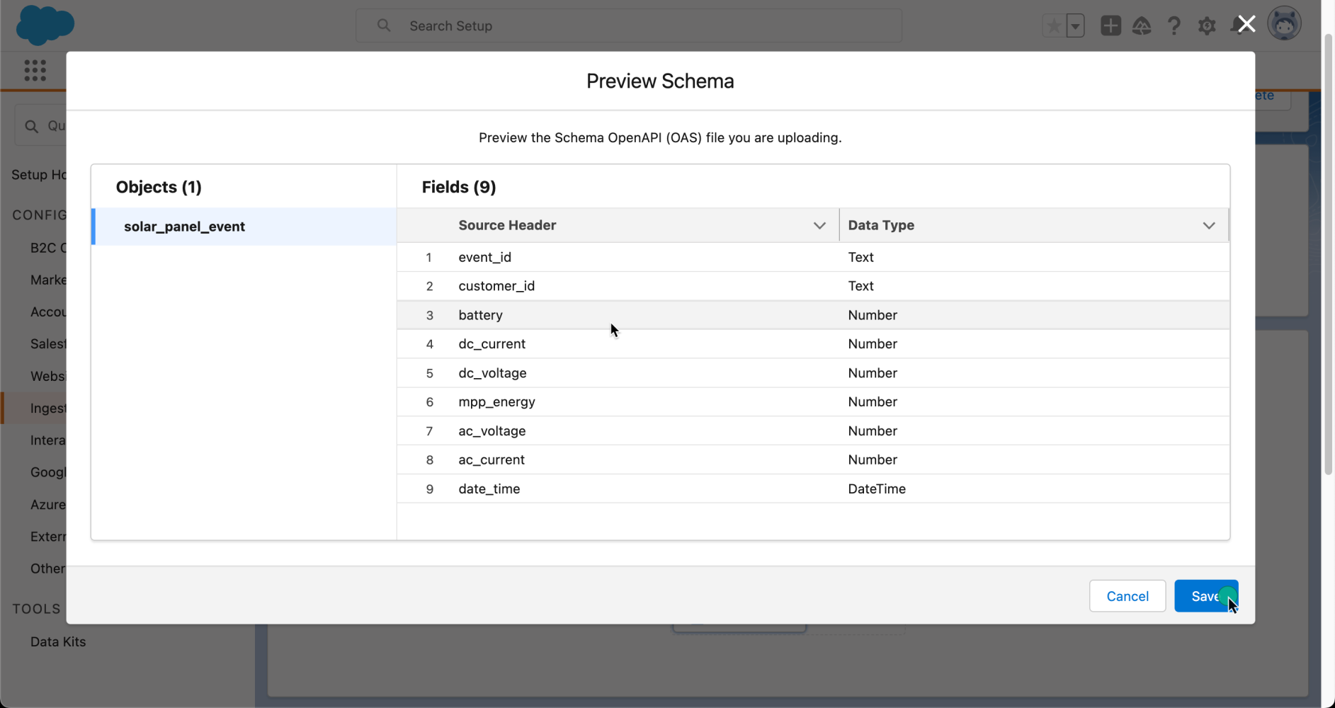 Preview schema fields and data types