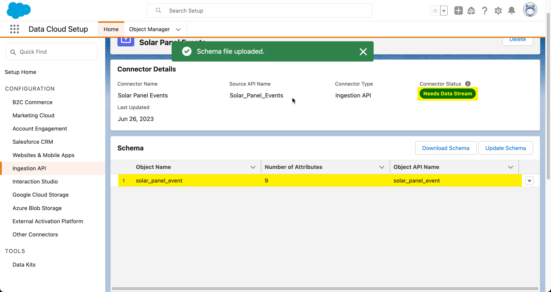 Connector has been created with schema and a data stream is needed