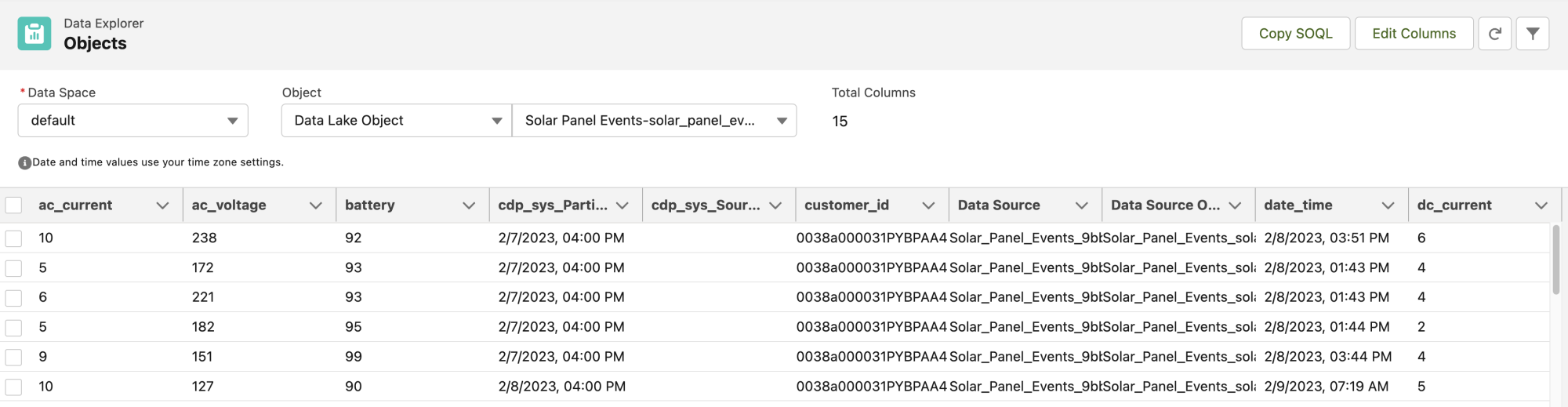 Screenshot of data in the Data Cloud Data Explorer