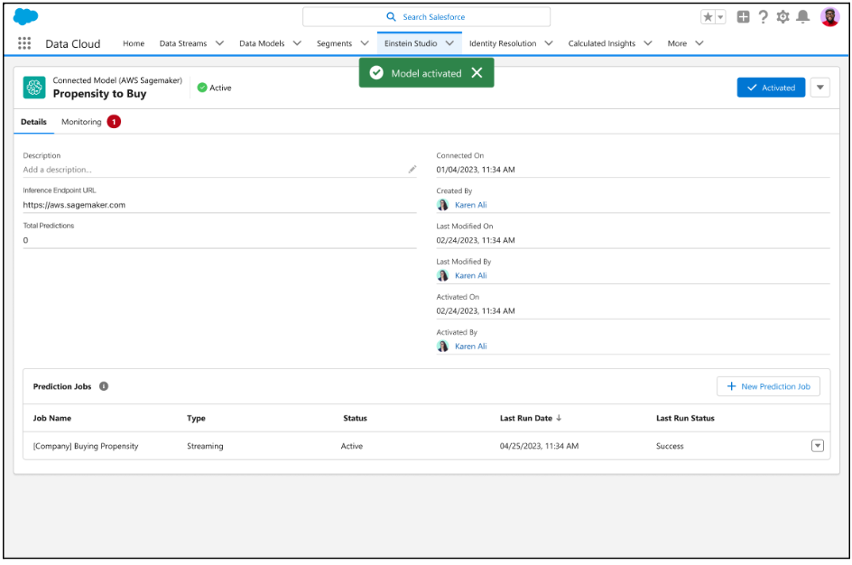 Einstein Studio with an example propensity to buy model from Amazon SageMaker