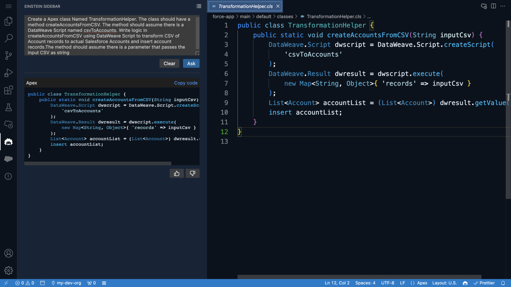 Screenshot showing Einstein for developers in action from the sidebar