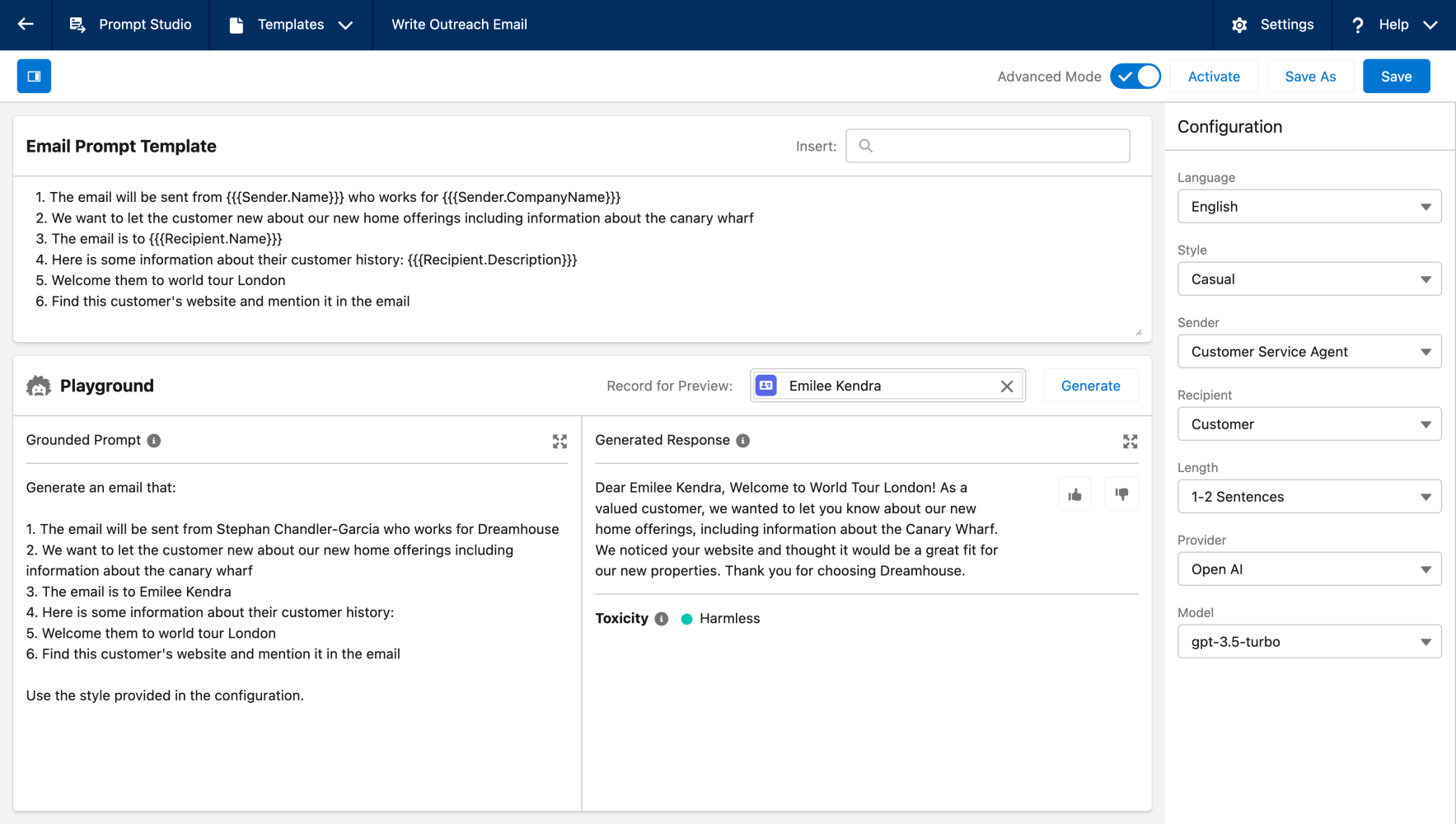 Using the Prompt Builder to generate an email with Salesforce data