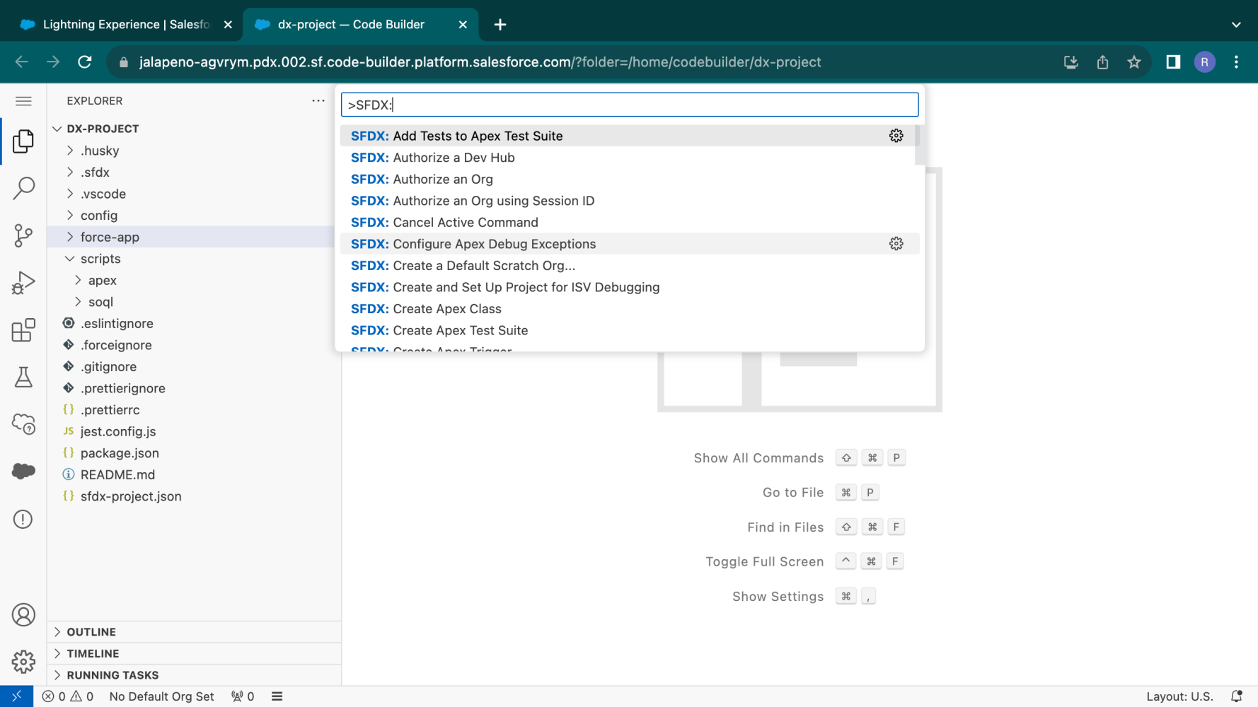 Salesforce-specific commands accessible via the command palette in Code Builder