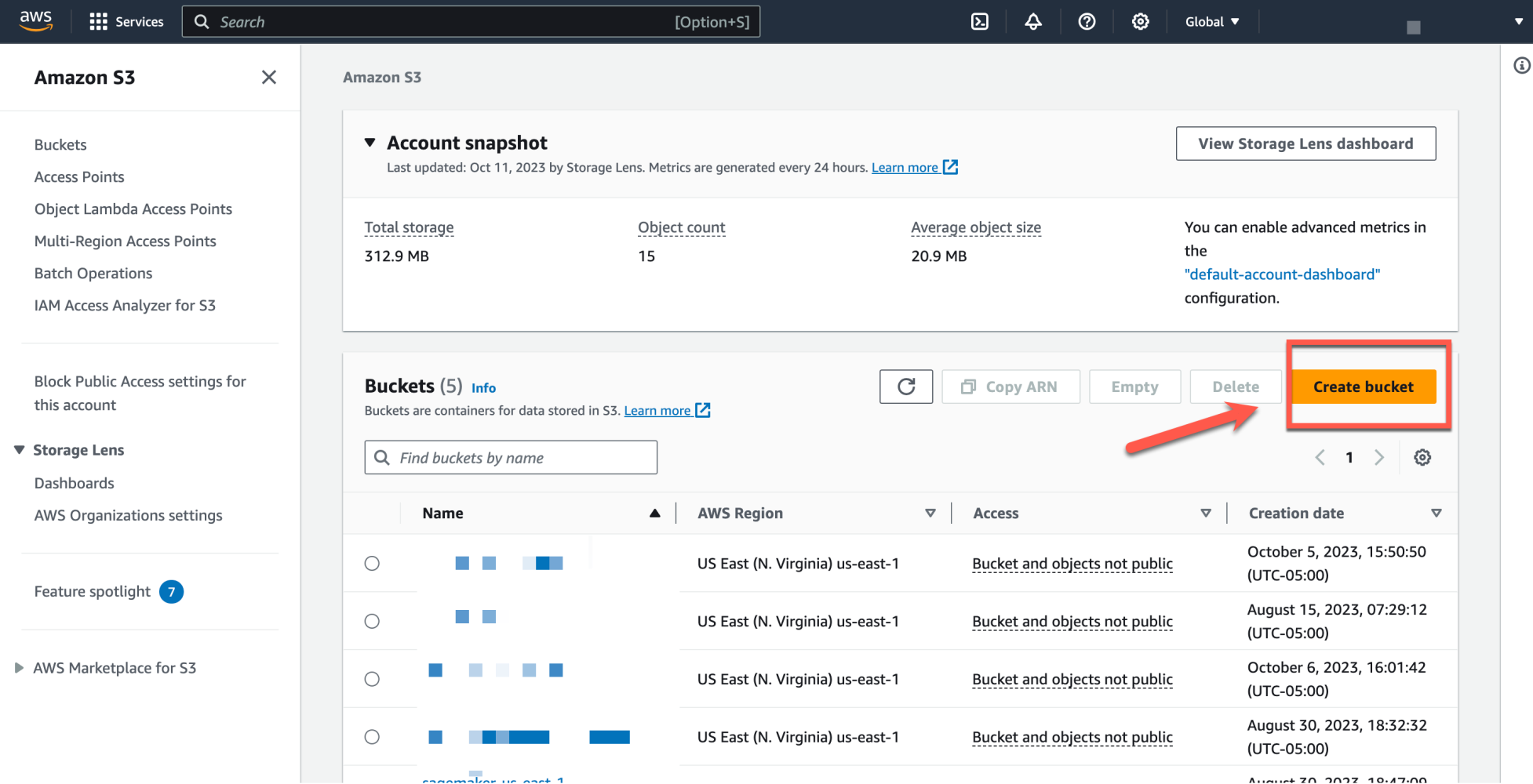 Screenshot of Amazon S3 landing page showing how to create a new bucket