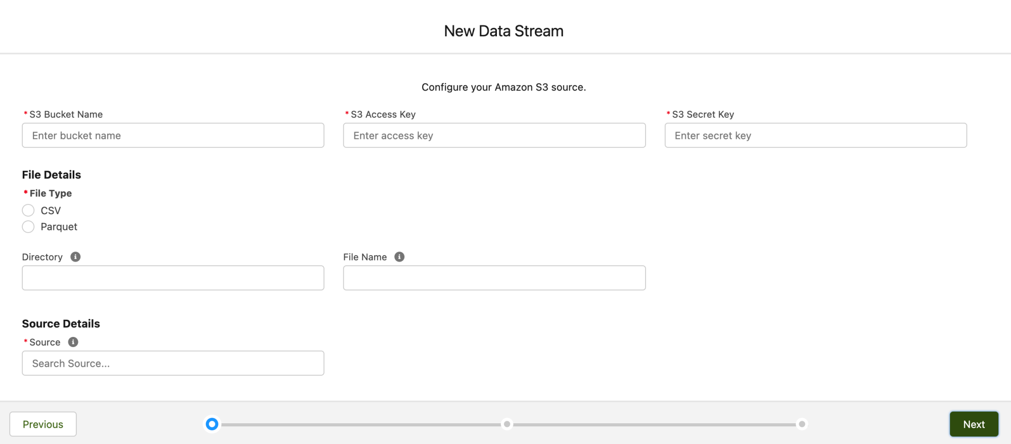 Screenshot of new Data Stream page for Amazon S3 with fields