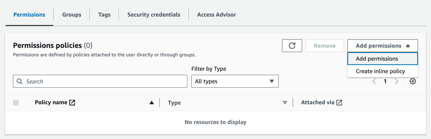 Screenshot of Permission policies page with Add permissions picklist and values