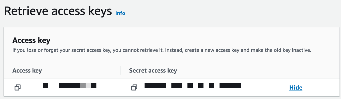 Screenshot of Access key and Secret access key.