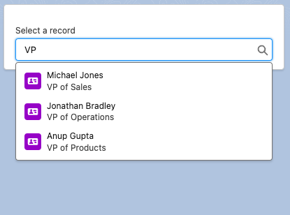 Screenshot illustrating the interaction made in the record picker component to find and select a contact matching their title