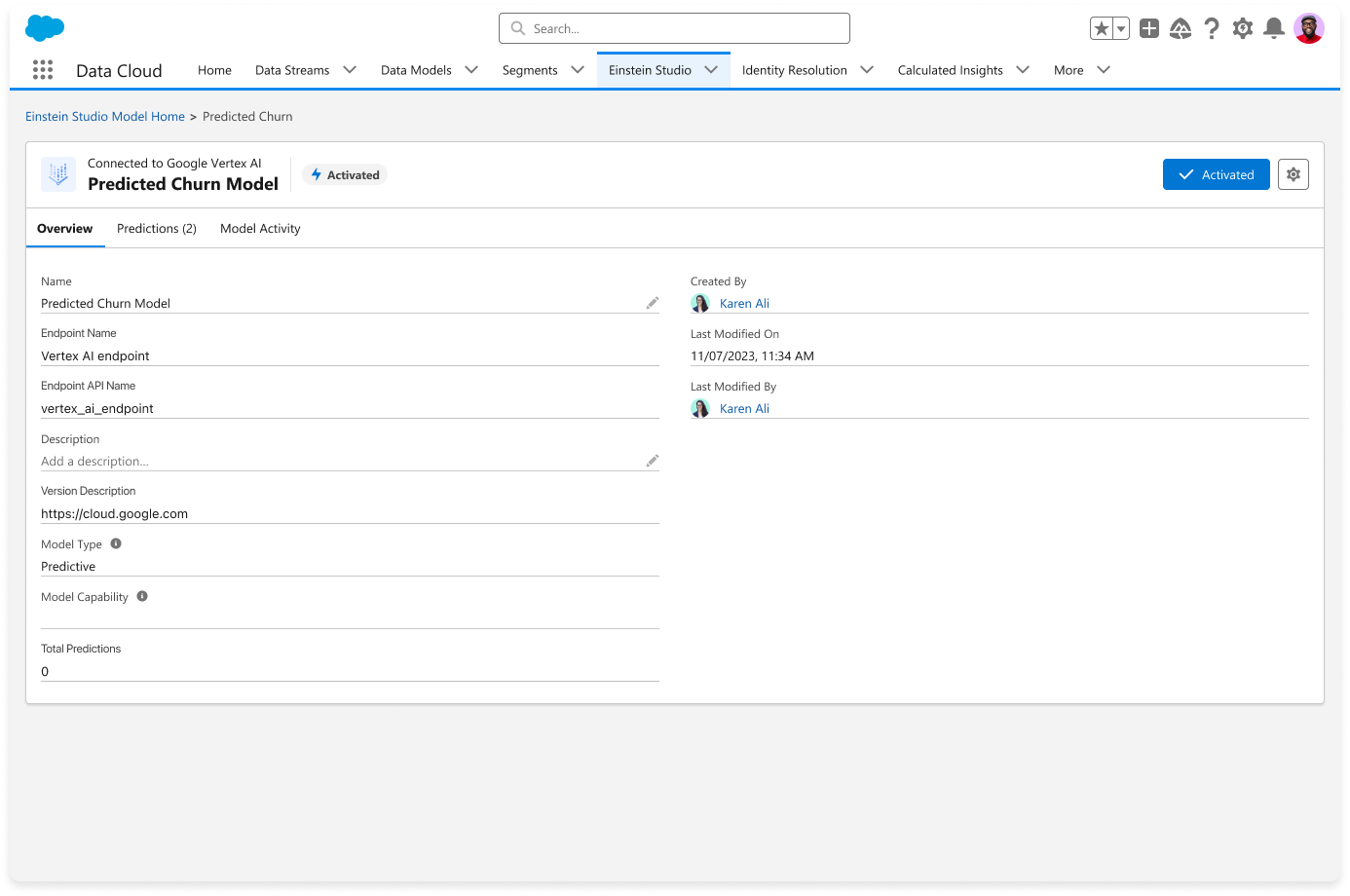 Model Builder with an example “churn model” from Google Cloud Vertex AI.