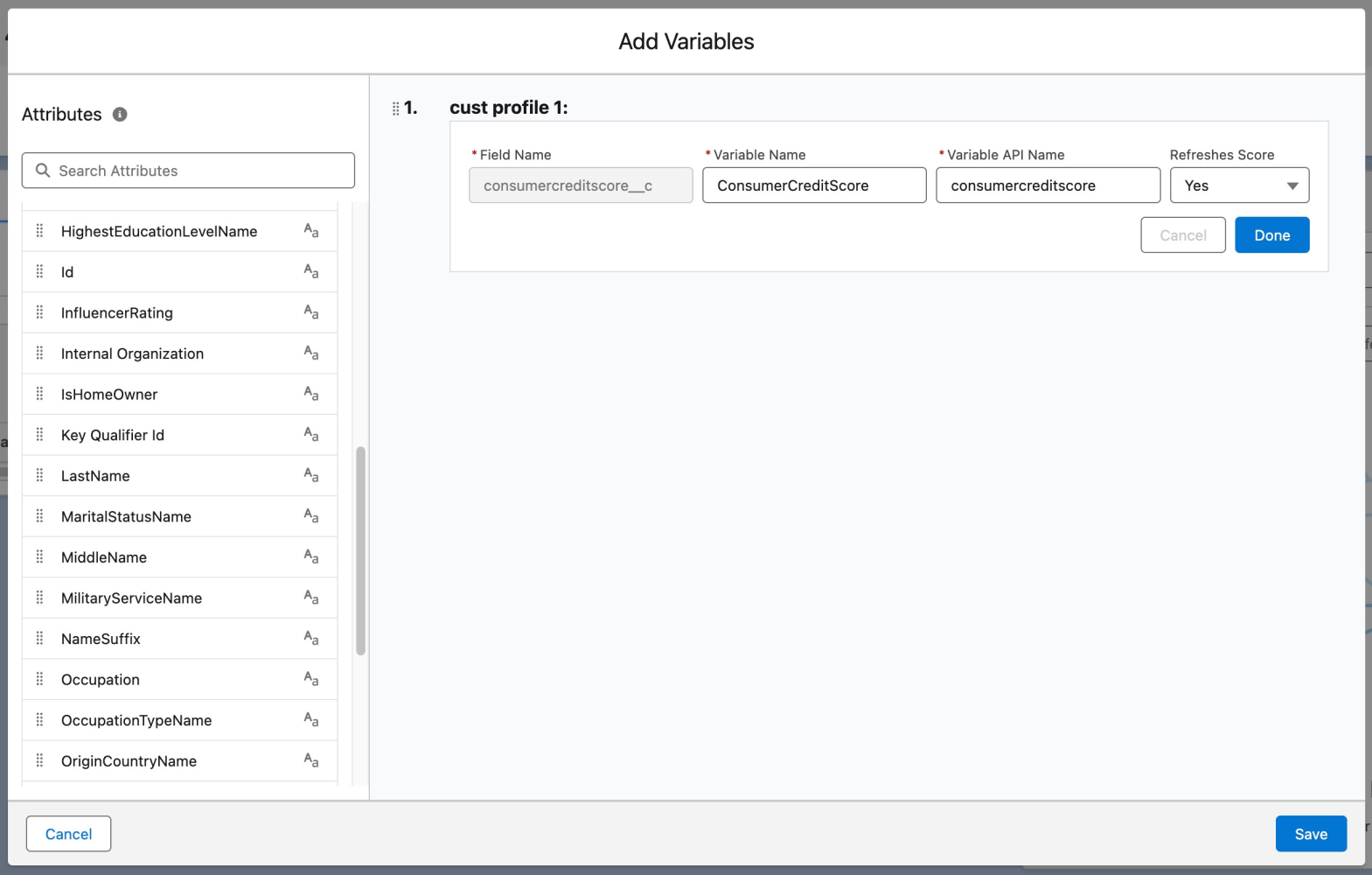 Choose Yes under Refreshes Score to choose change in which input variable triggers a new inference.