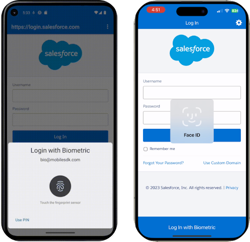 The image shows the login pages of the Salesforce Mobile app for iOS and Android while the user is authenticating via biometrics.