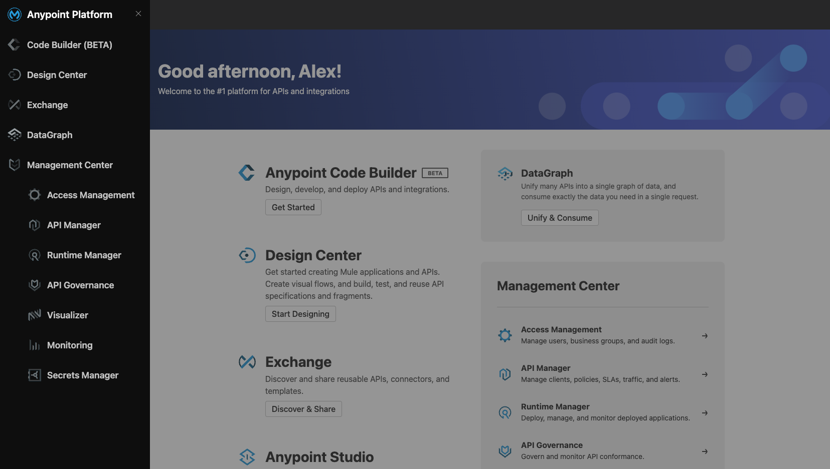 Screenshot of the left-hand menu open in Anypoint Platform's welcome page