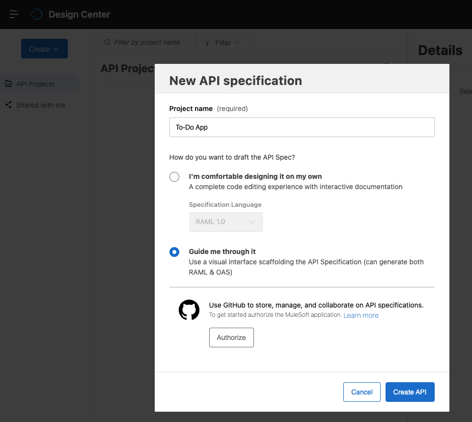 Screenshot of the new API specification page showing the relevant options