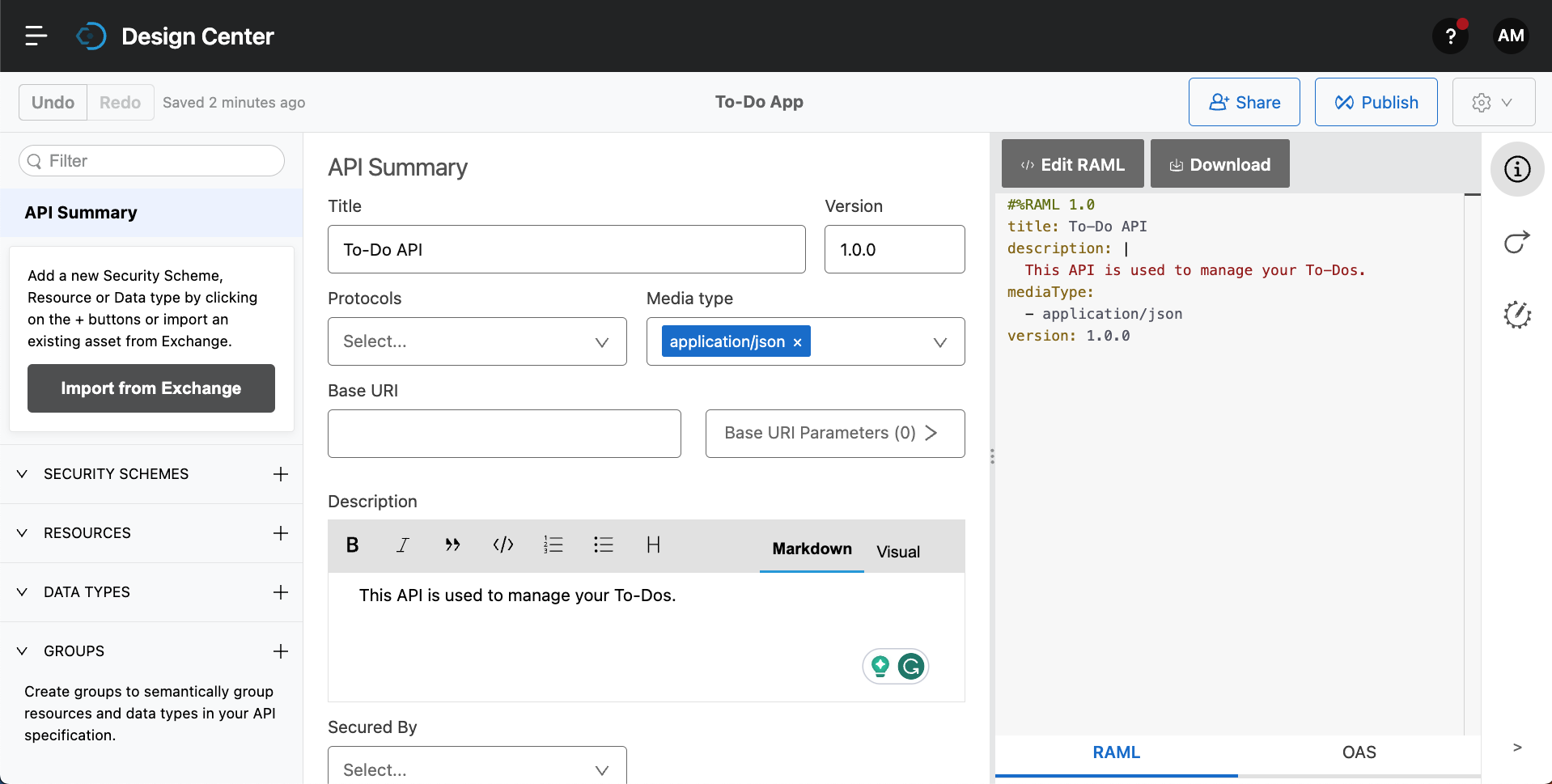 Screenshot of Design Center's API Summary page for the To-Do API specification