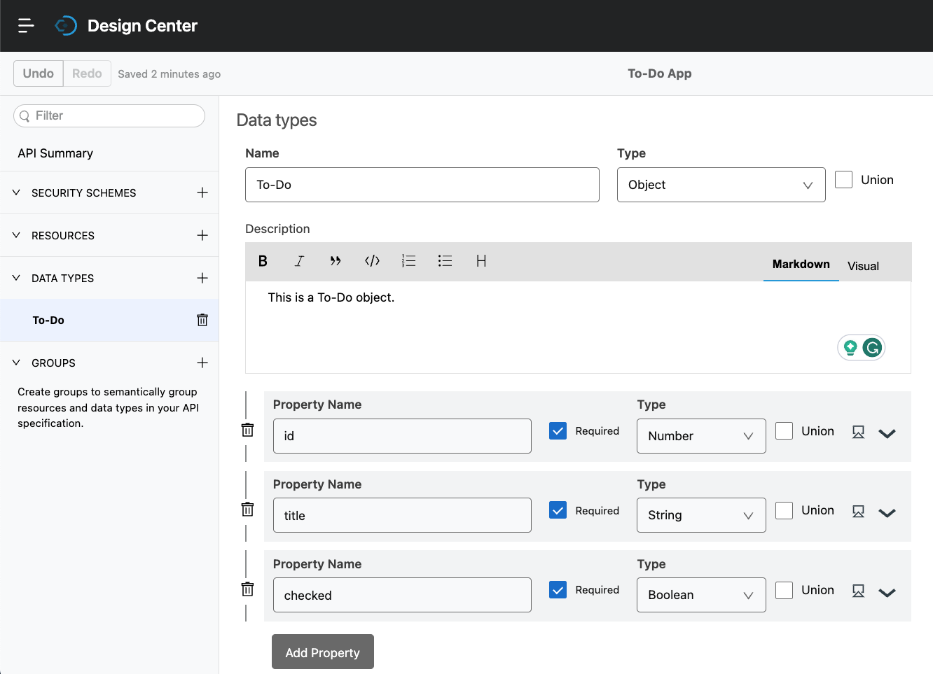 Screenshot of a To-Do data type showing the three new properties: id, title, and checked