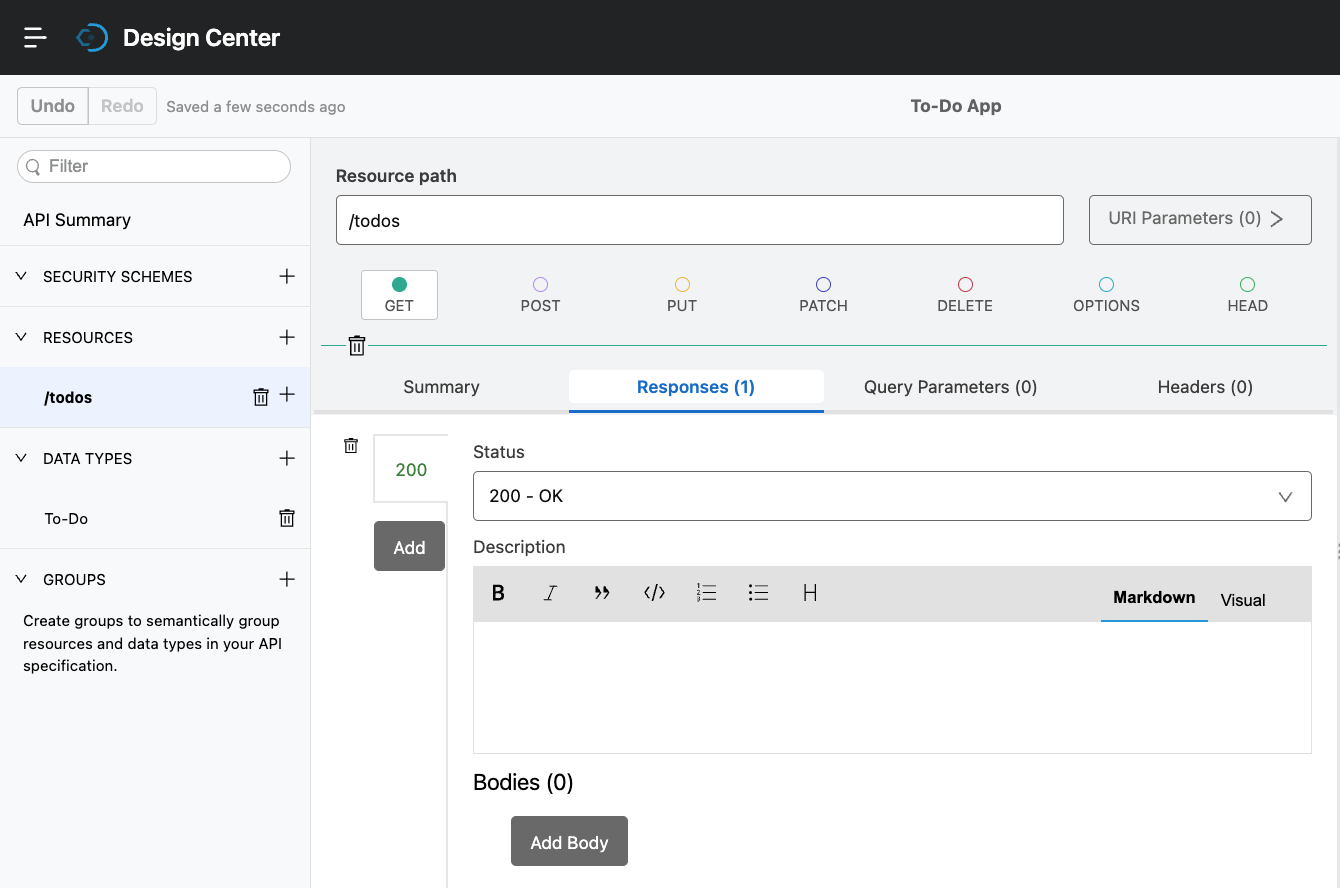 Screenshot of the /todos resource with one response and no body
