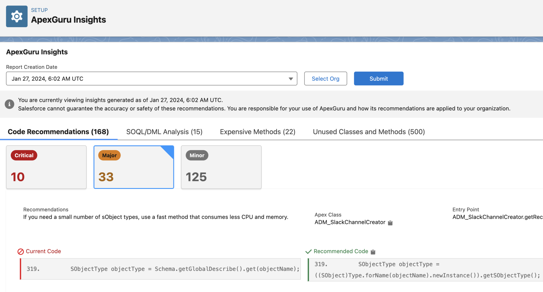 ApexGuru report showing critical anti-patterns and prescriptive LLM-powered code recommendations