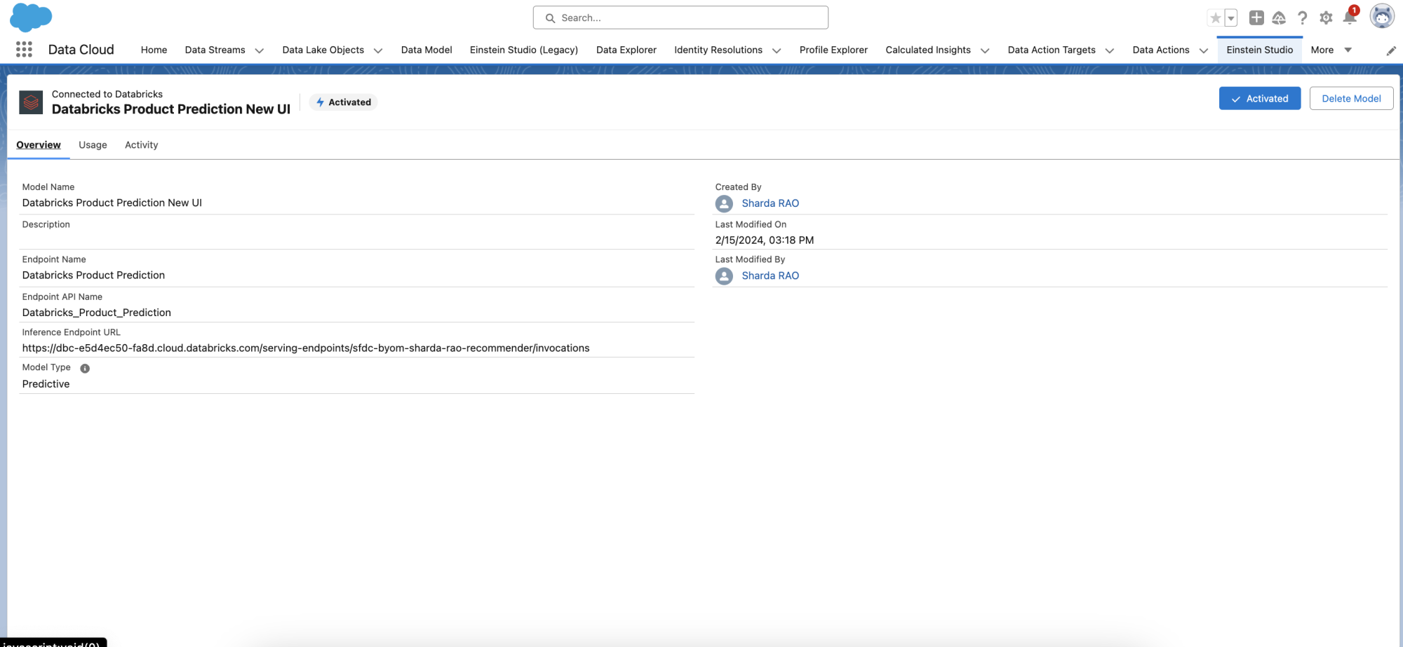 Screenshot showing the Databricks Predicted Model in Model Builder