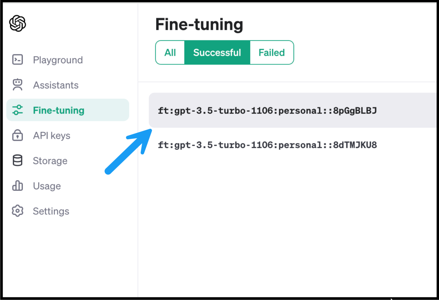 Screenshot showing a fine-tuned model name in OpenAI