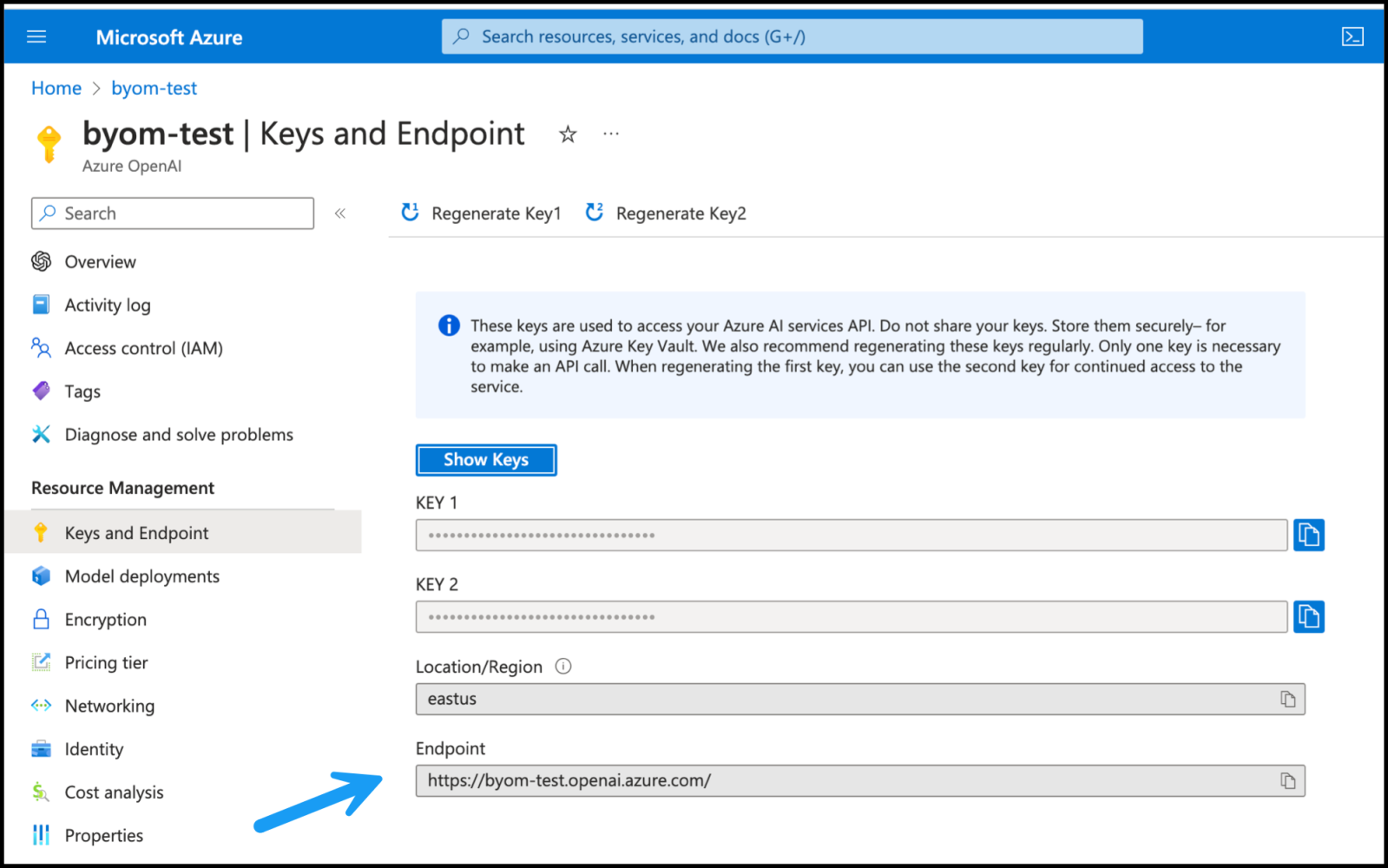 Alt text- Screenshot showing keys and endpoints within an Azure resource group