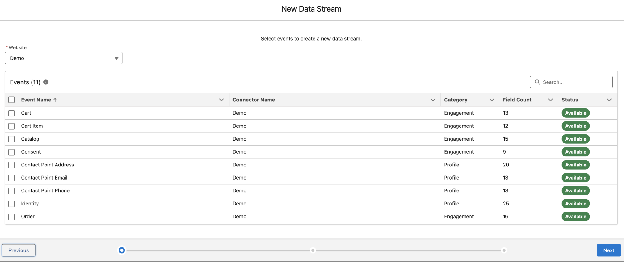 A screenshot showing the different event types from the connector, when creating a data stream