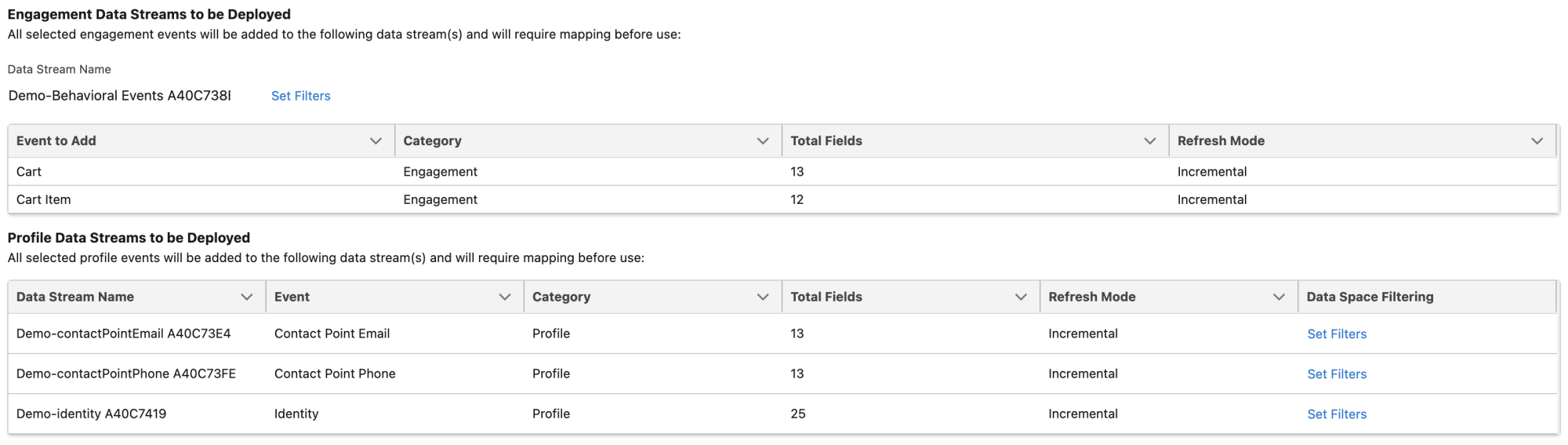 A screenshot showing the different data streams that will be created for the event types chosen