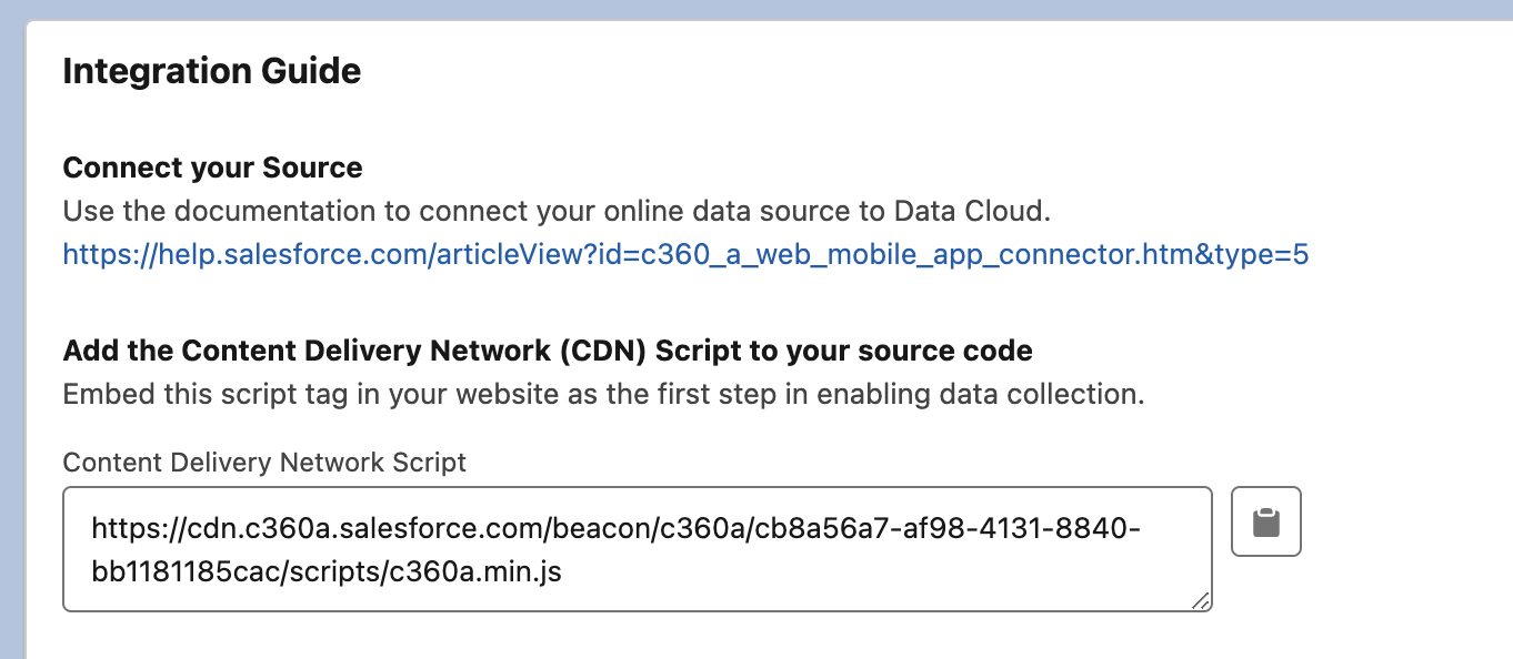 A screenshot showing the CDN script URL for the connector