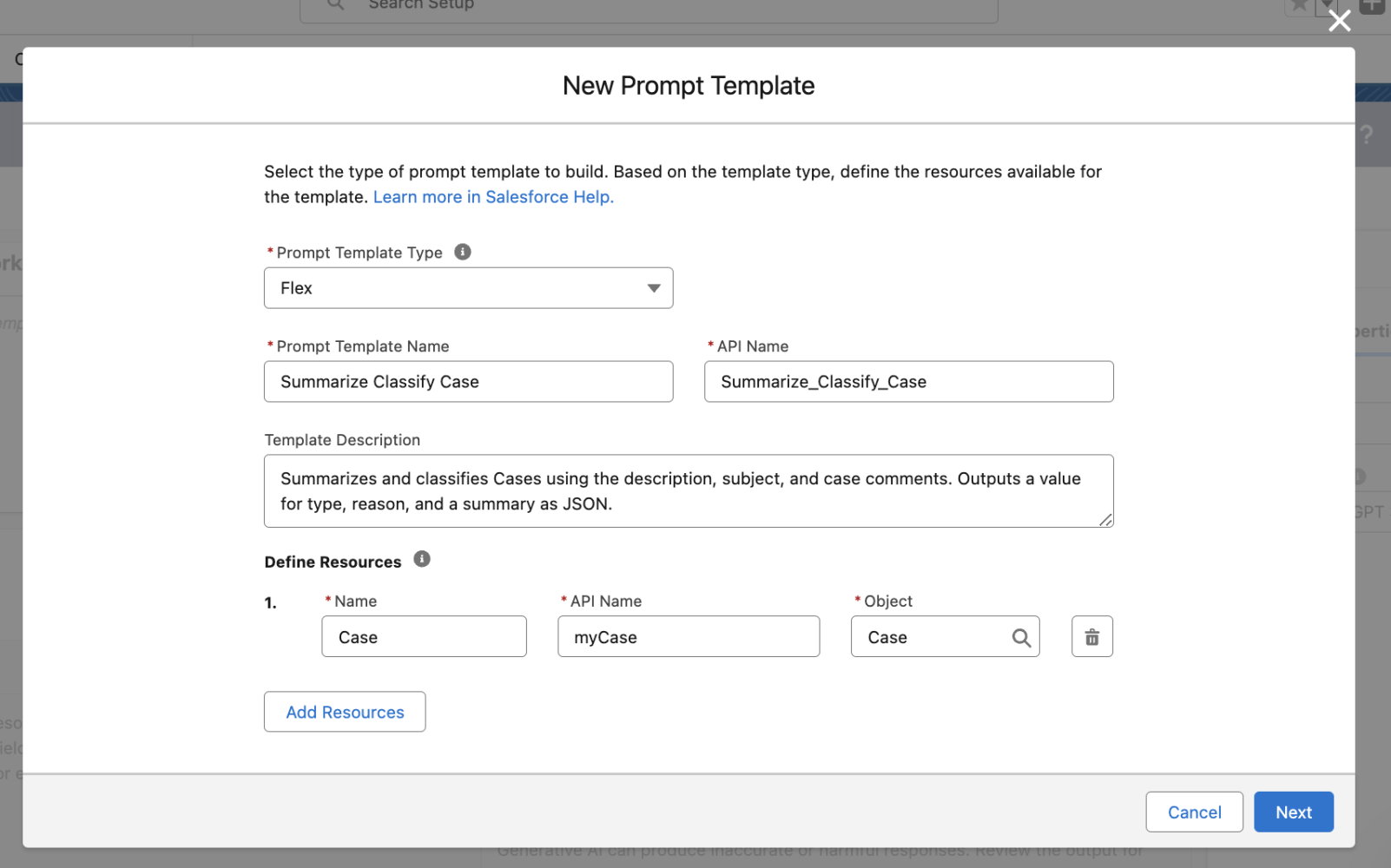 The New Prompt Template window where we build a Summarize Classify Case prompt template 