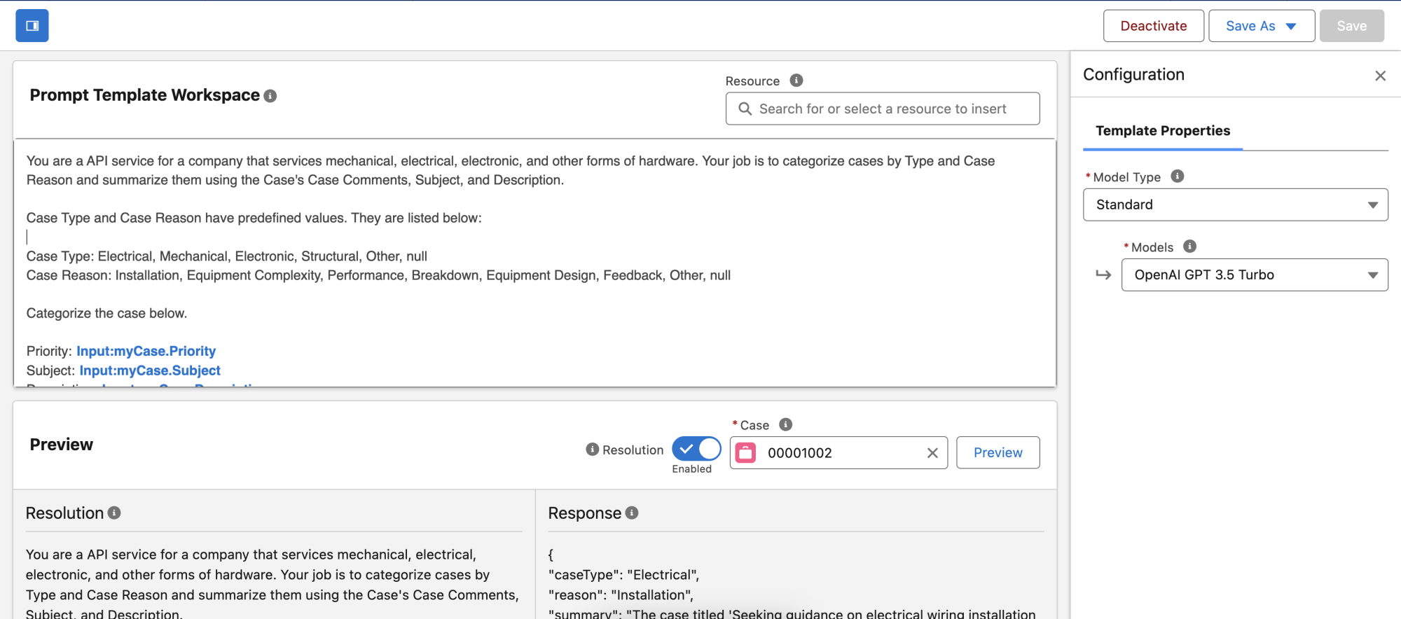 The Prompt Template workspace with our prompt template specified above. 