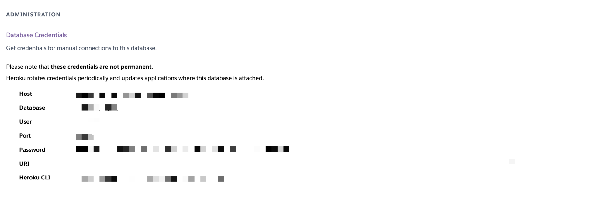 Image of the administration menu of Heroku with Host, Database, User, Port, Password, URI, Heroku CLI. 