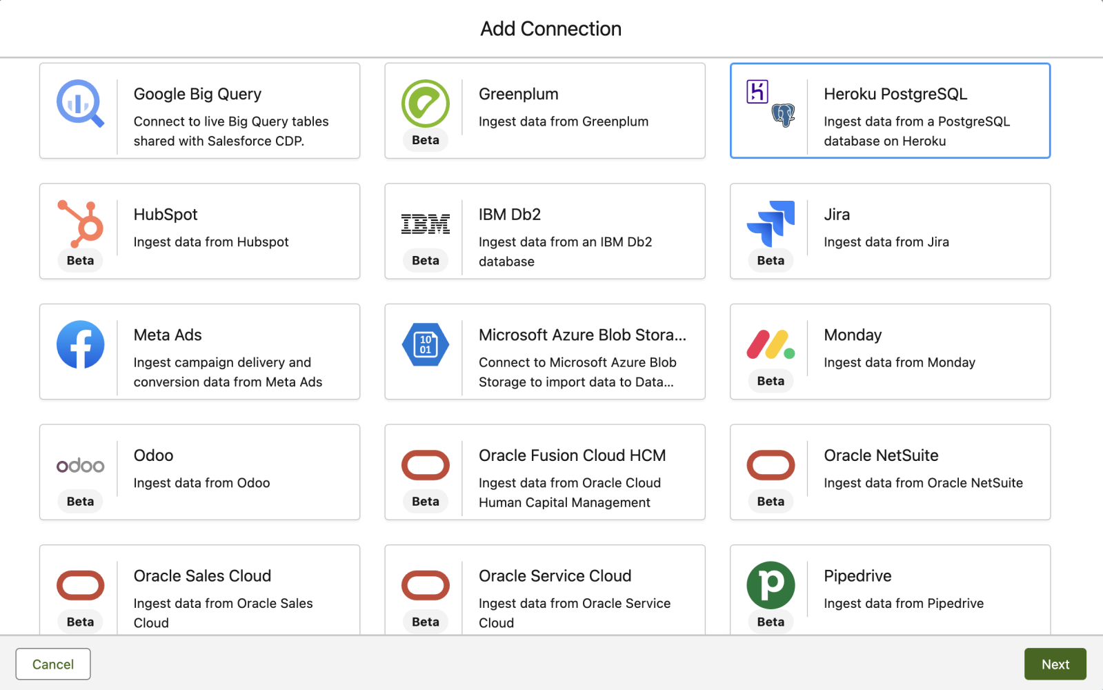 Image of the Heroku PostgreSQL Connector selected.