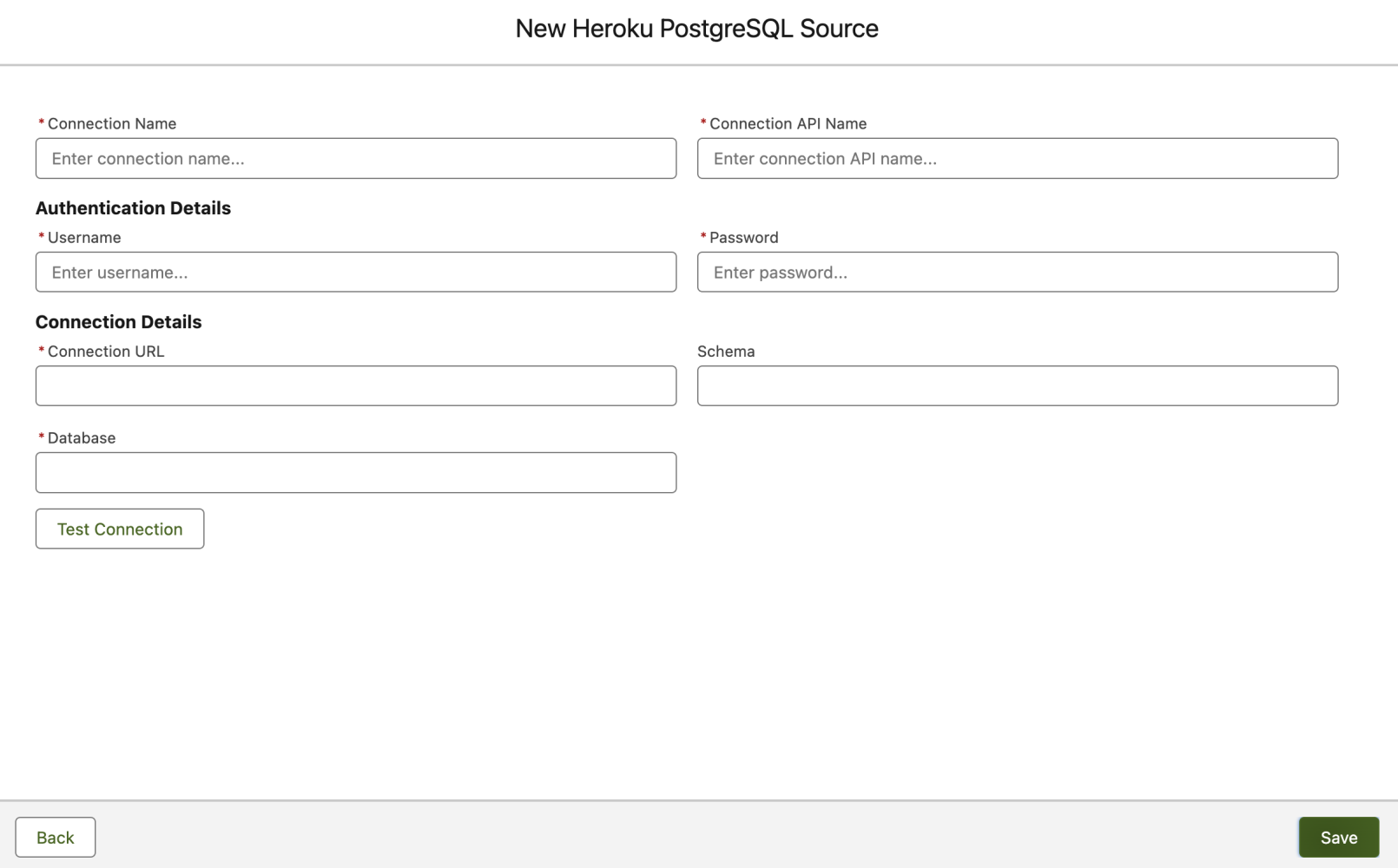 Image of new Heroku Postgres Connection page with fields for Authentication Details and Connection Details