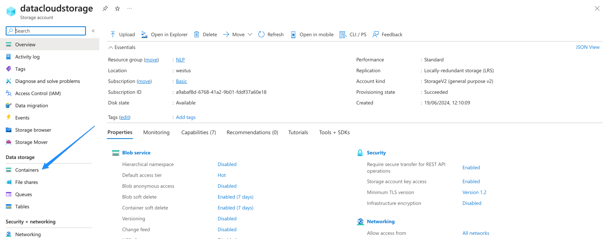 Creating data storage in your storage account in the Azure portal