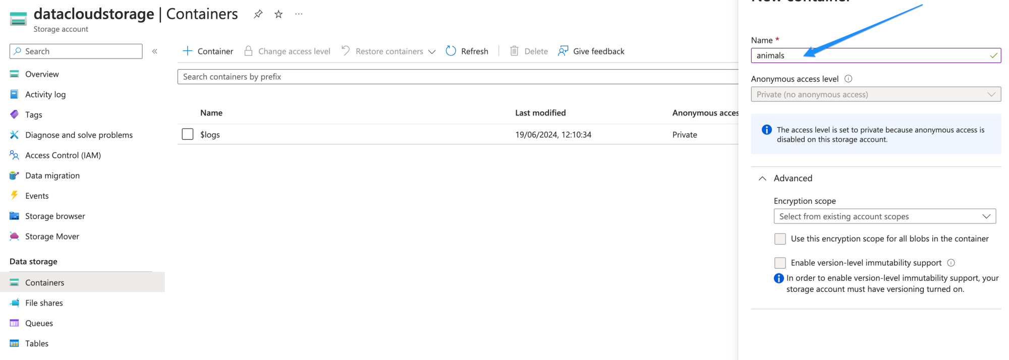 Creating a new container in the Azure portal