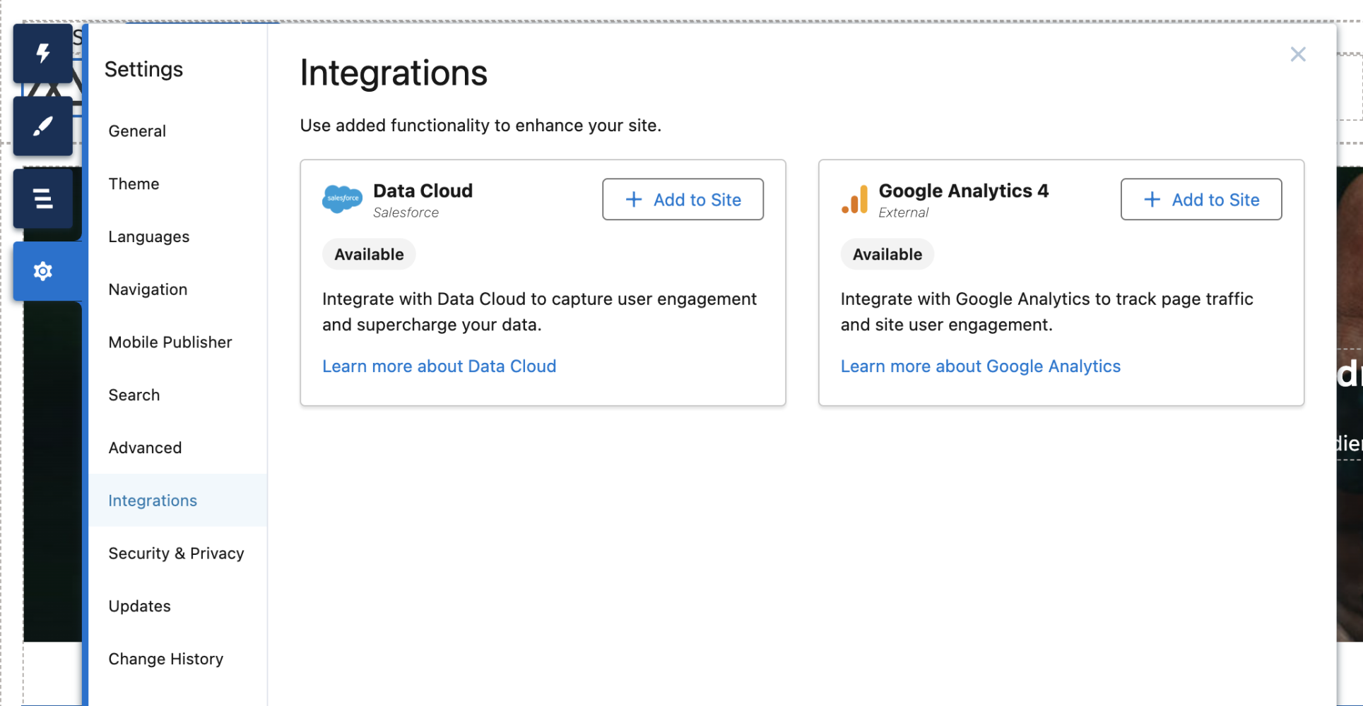 Experience Cloud site settings showing the Data Cloud Integration option