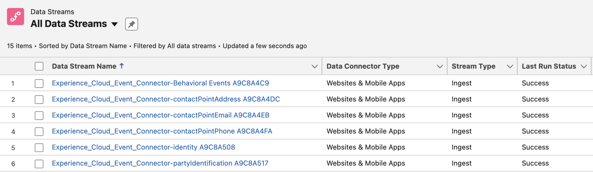 Data streams list view showing a list of data streams created automatically by the integration