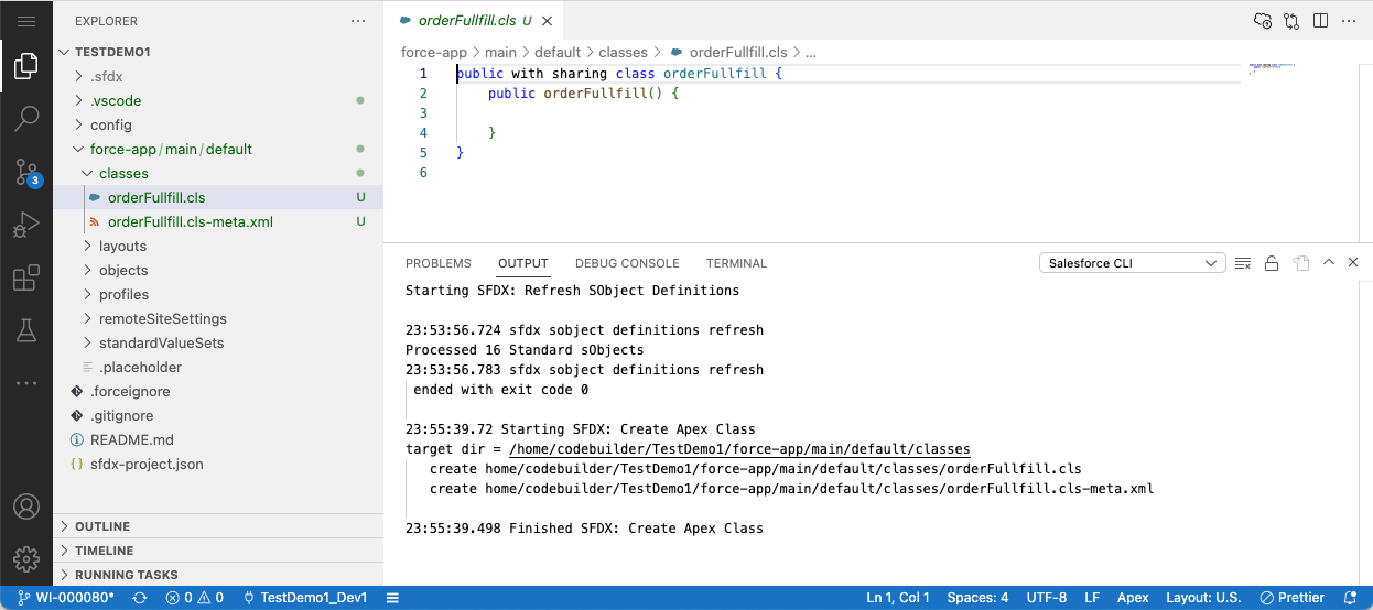 This image shows VSCode application with file orderFullfill.cls open. 