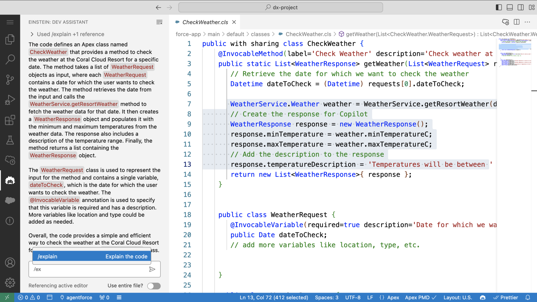 The Dev Assistant command to explain code