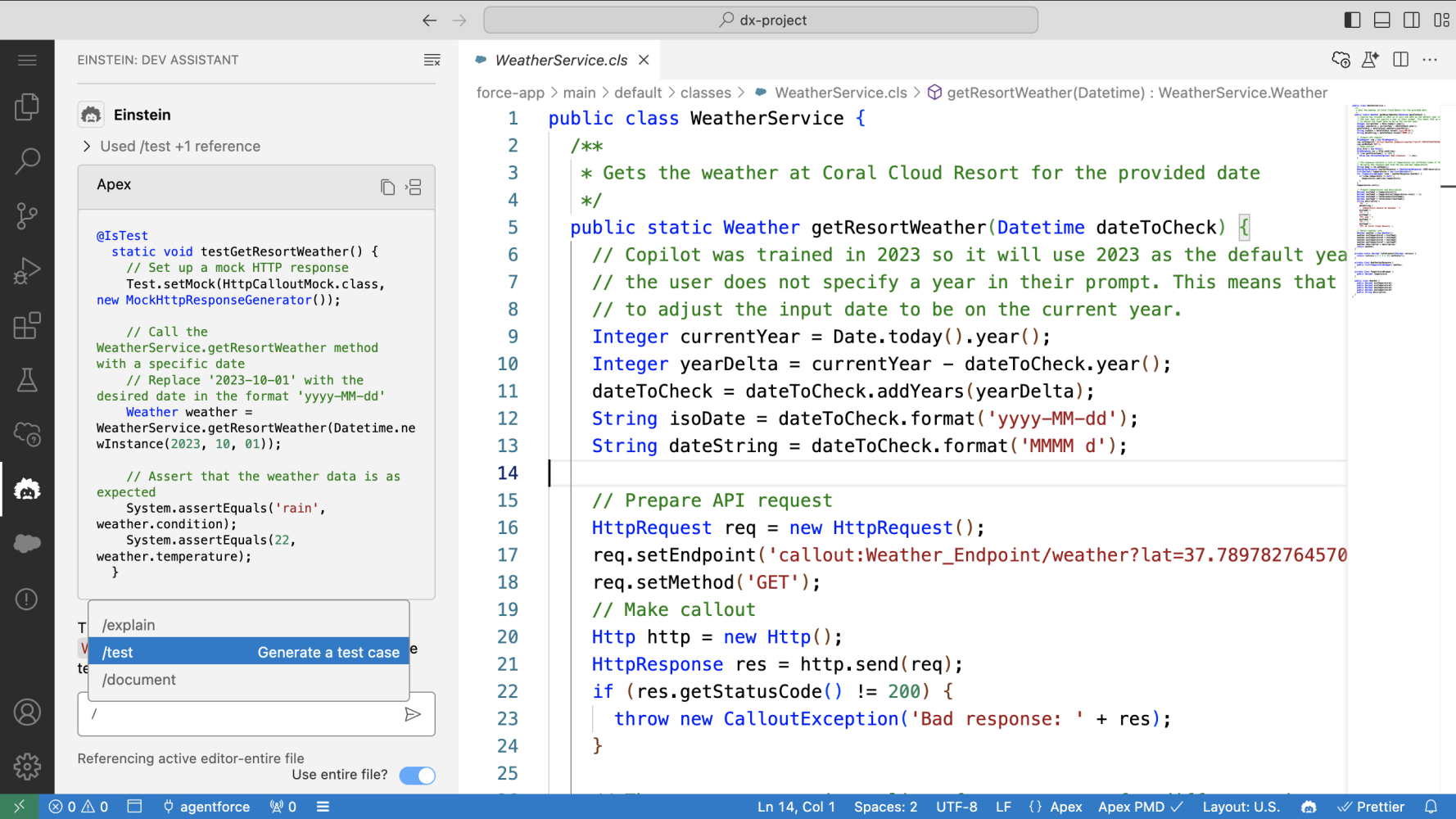 The Dev Assistant command to write test methods