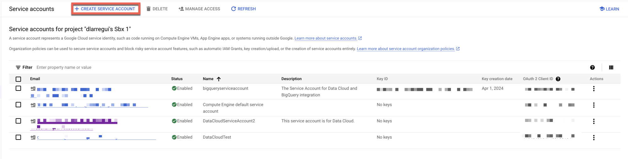 Image of Service Accounts page with a red rectangular box around “Create Service Account