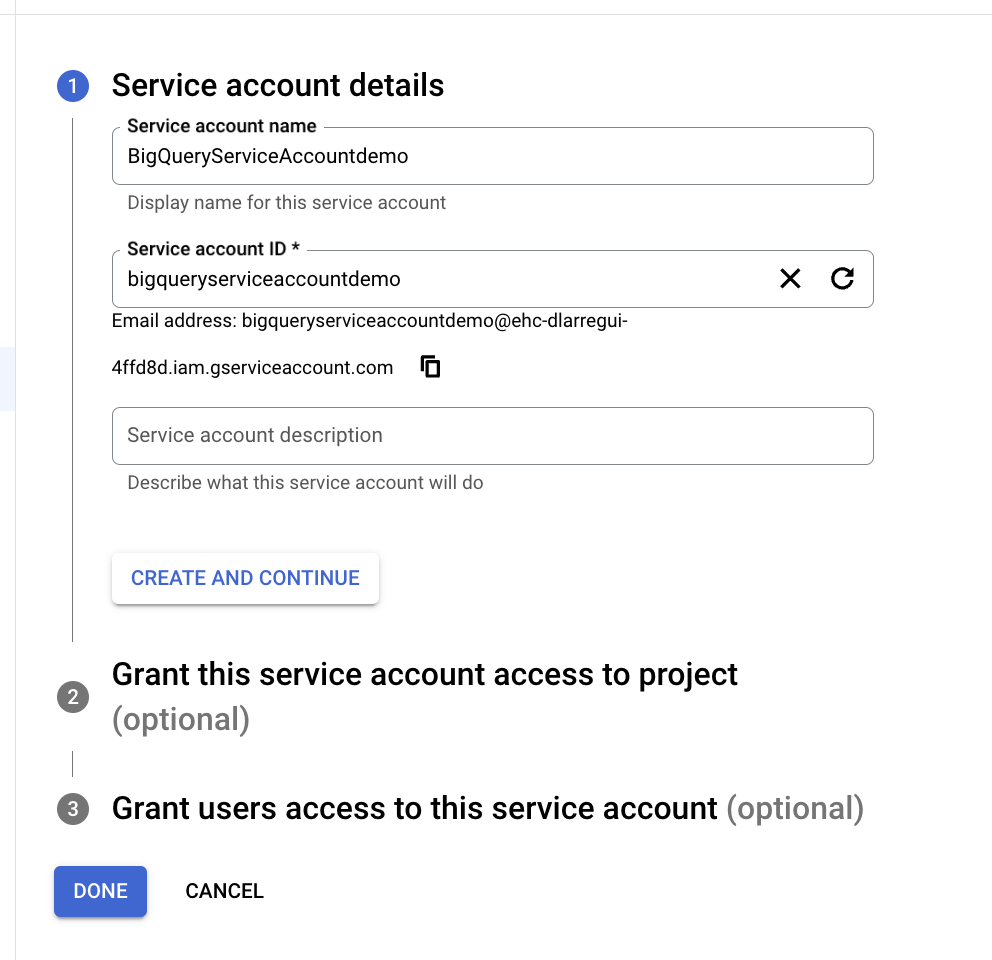 Create Service Account screen with Service account name field, service account ID field, and service account description field