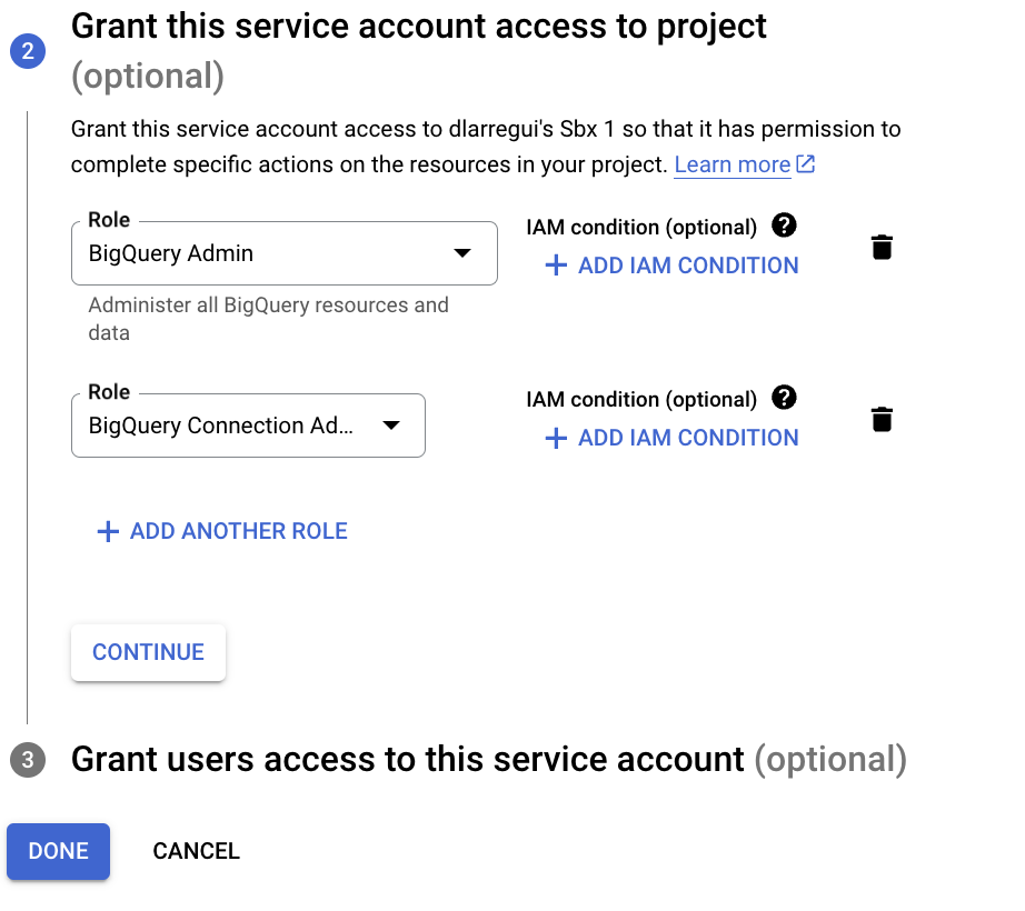 Image of service account access screen with the Big Query Admin and Big Query Connection Admin roles selected 