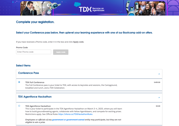 Screenshot of the TDX Agentforce Hackathon registration page. 