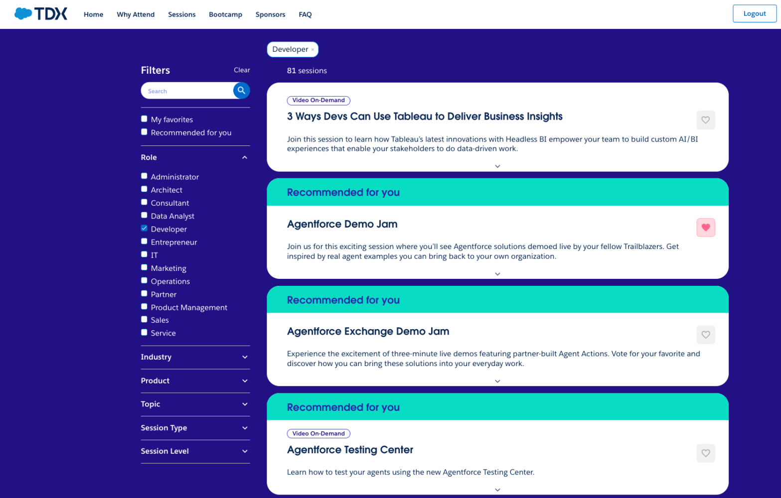 TDX 2025 session catalog with Developer role box checked